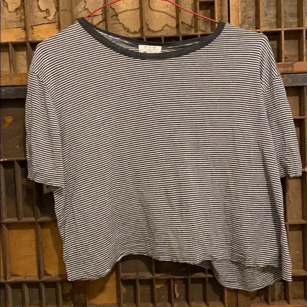 Lightly distressed cropped, striped T-shirt